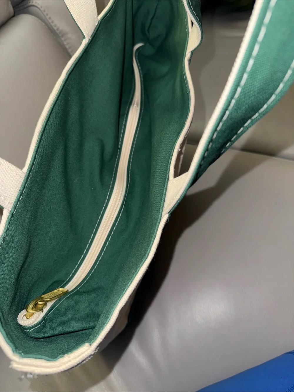 LL Bean Boat & Tote Bag Green and Cream